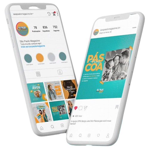 Two smartphones displaying a magazine's social media profile and posts with design elements visible.