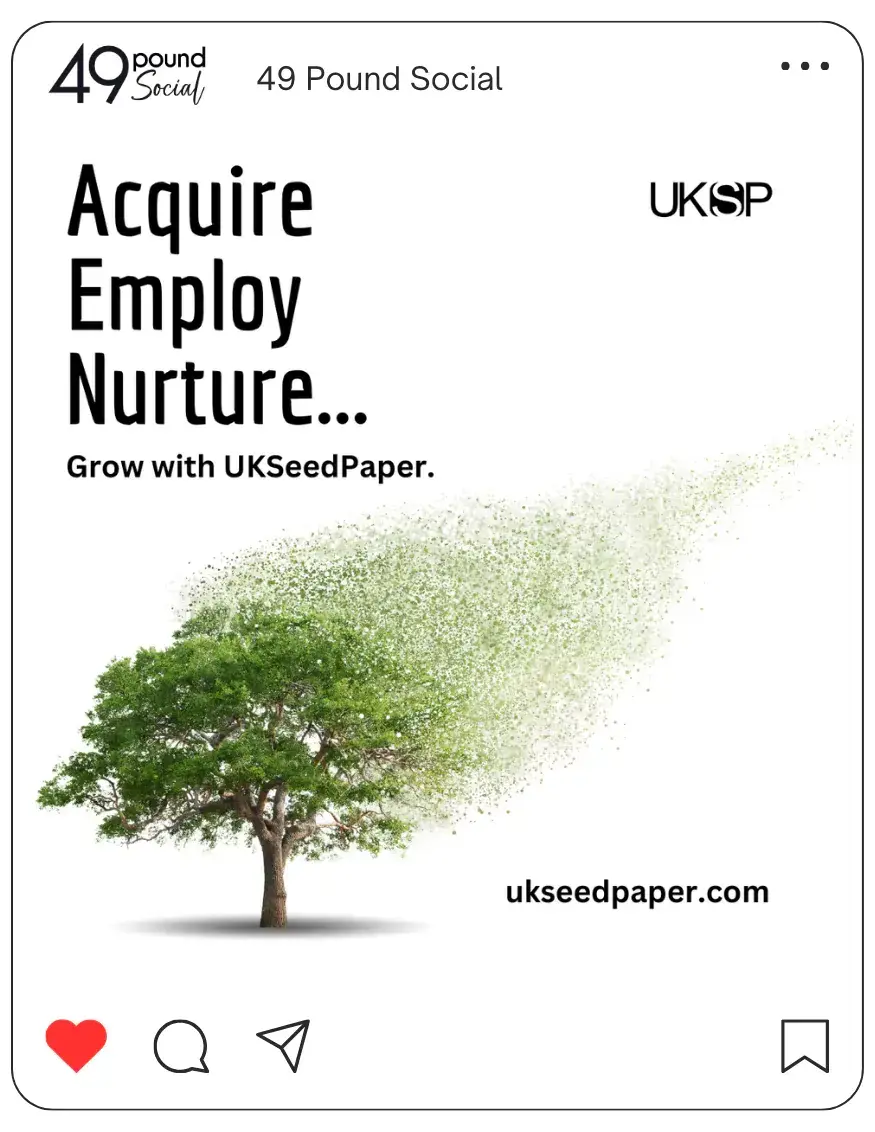 Social media post: UK seed paper. A photo of seed paper with a caption promoting its eco-friendly nature and ability to grow into beautiful plants.