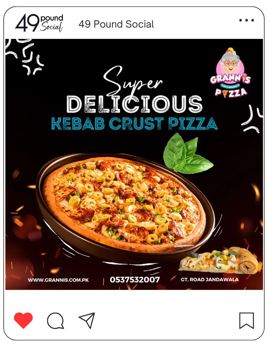 An enticing social media post featuring a delectable pizza, tempting you with its cheesy goodness.