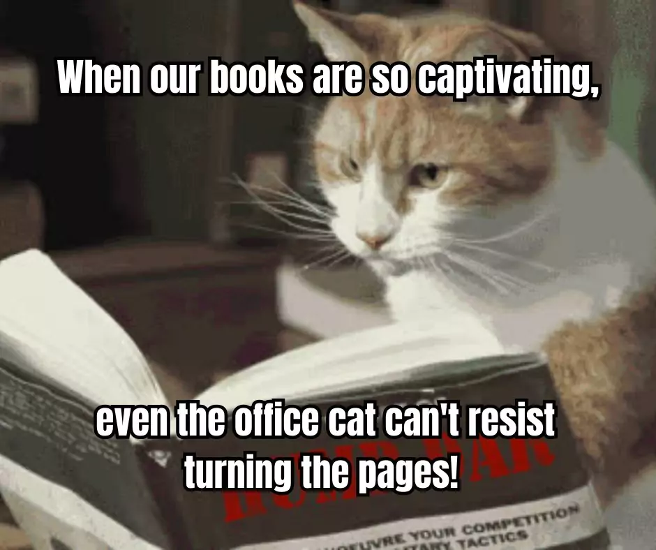 A cat appears to read a book with text overlay about captivating books.