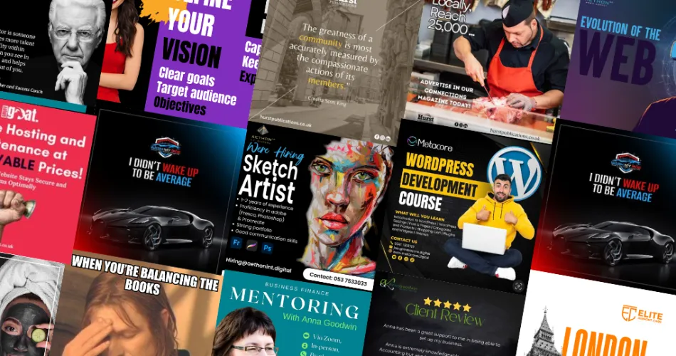 Collage of various advertisements and motivational posters with text and graphics.