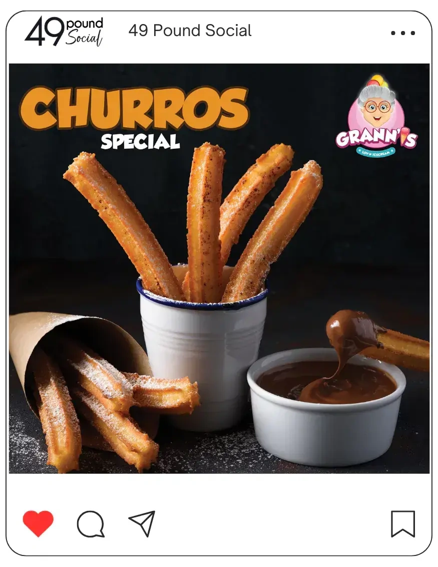 Social media post promoting a Churros Special with chocolate dip.