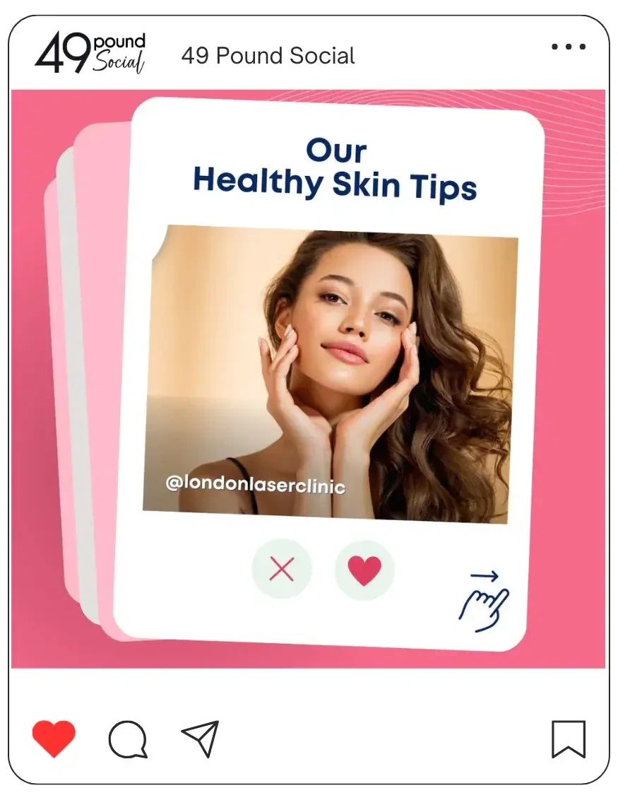 Social media post promoting healthy skin tips with a woman touching her face.