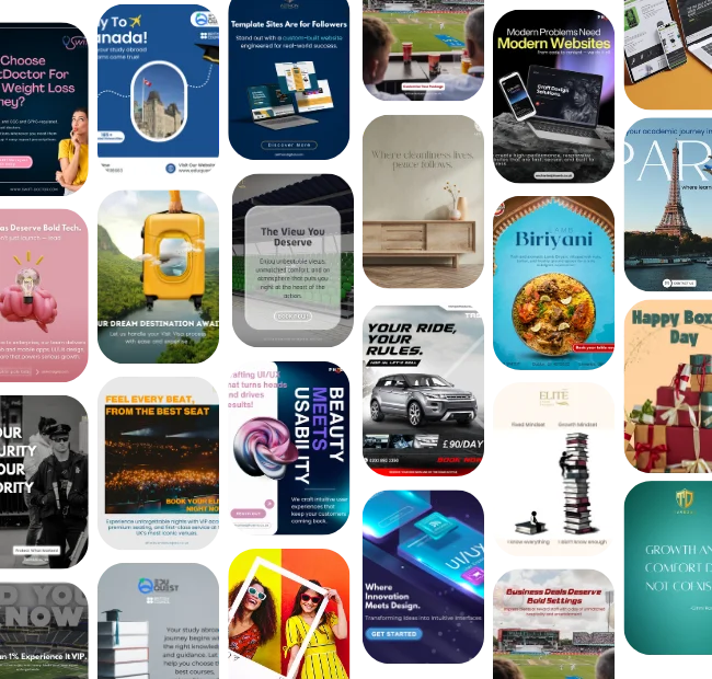 A collage of various promotional and informational posters with text and images showcasing topics like travel, websites, food, vehicles, and more. Each poster contains vibrant colors and stylized designs, highlighting a diverse range of products and services.