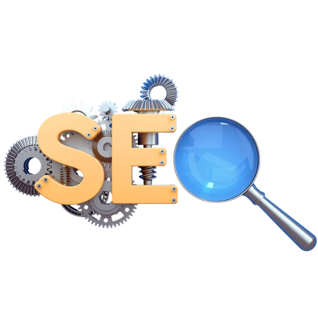 SEO services graphic with magnifying glass and gears representing affordable SEO for small businesses.